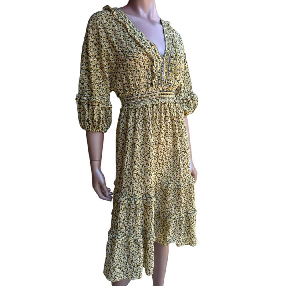 Max‎ Studio Dress Midi Tiered Ruffle Prairie CottageCore Country lemons S XS